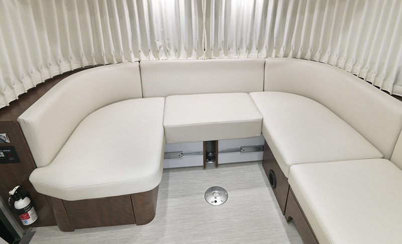2021 Globetrotter Interior 25FB and 27FB U-Dinette Tables Down Drawer Out with Cushion